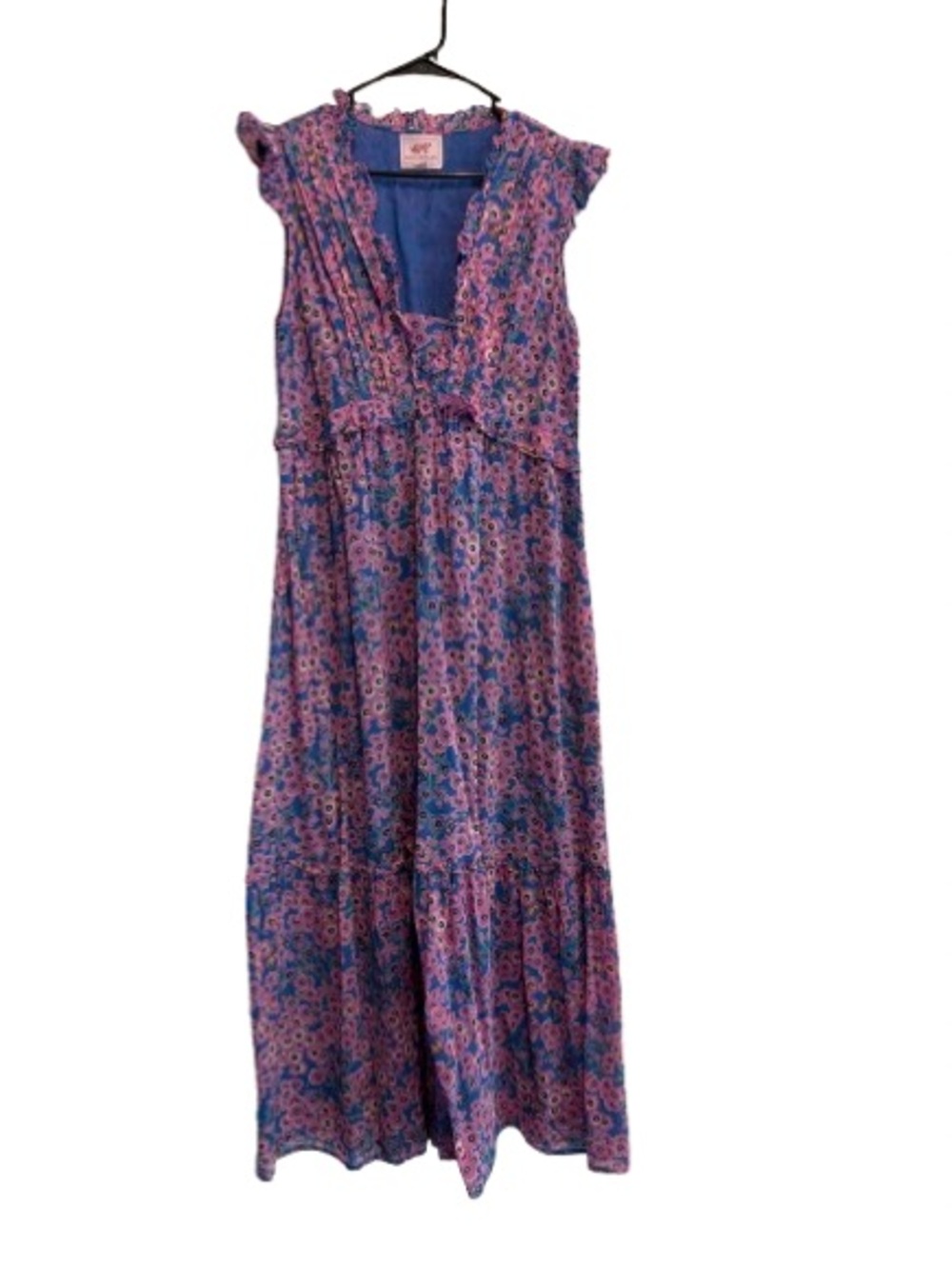 Banjanan Purple and Blue Floral Maxi Dress with Ruffle Trim XL